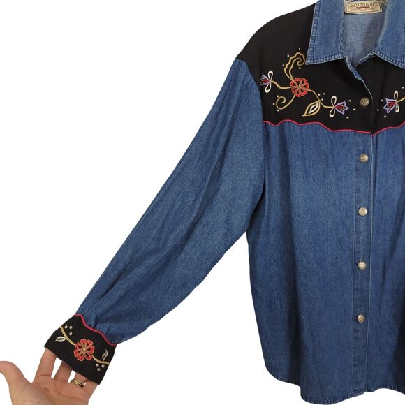 Rhythm Blue Vintage Shirt Western Denim Velvet Embroidered Floral Women L - Picture 4 of 14